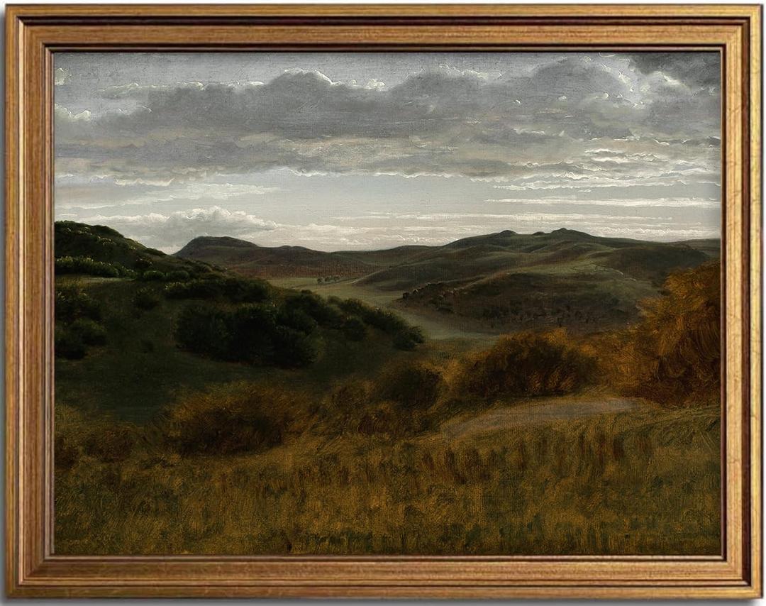 KBKBART Gold Framed Vintage Landscape Wall Art Home Decor, Retro Mountain Vintage Painting Prints, Moody Countryside Farmhouse Landscape Wall Decor, Canvas Wall Art for Living Room Decor Bedroom Home Bathroom Wall Decor(12"x16")