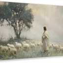 Jesus Standing With Sheep Under Tree Canvas Art | Framed or unframed canvas wall art of Jesus in a white robe standing with a flock of sheep under a large green tree