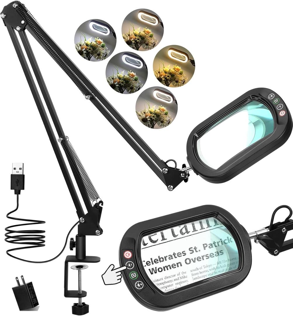 12X Magnifying Glass with Light and stand, Rectangle Real Glass Lens, Large 2*16 Inch Swivel Arm LED Lighted Clamp Desk Lamp, 5 Color Modes Dimmable, Magnifier for Reading Painting Craft Close Work (Black)