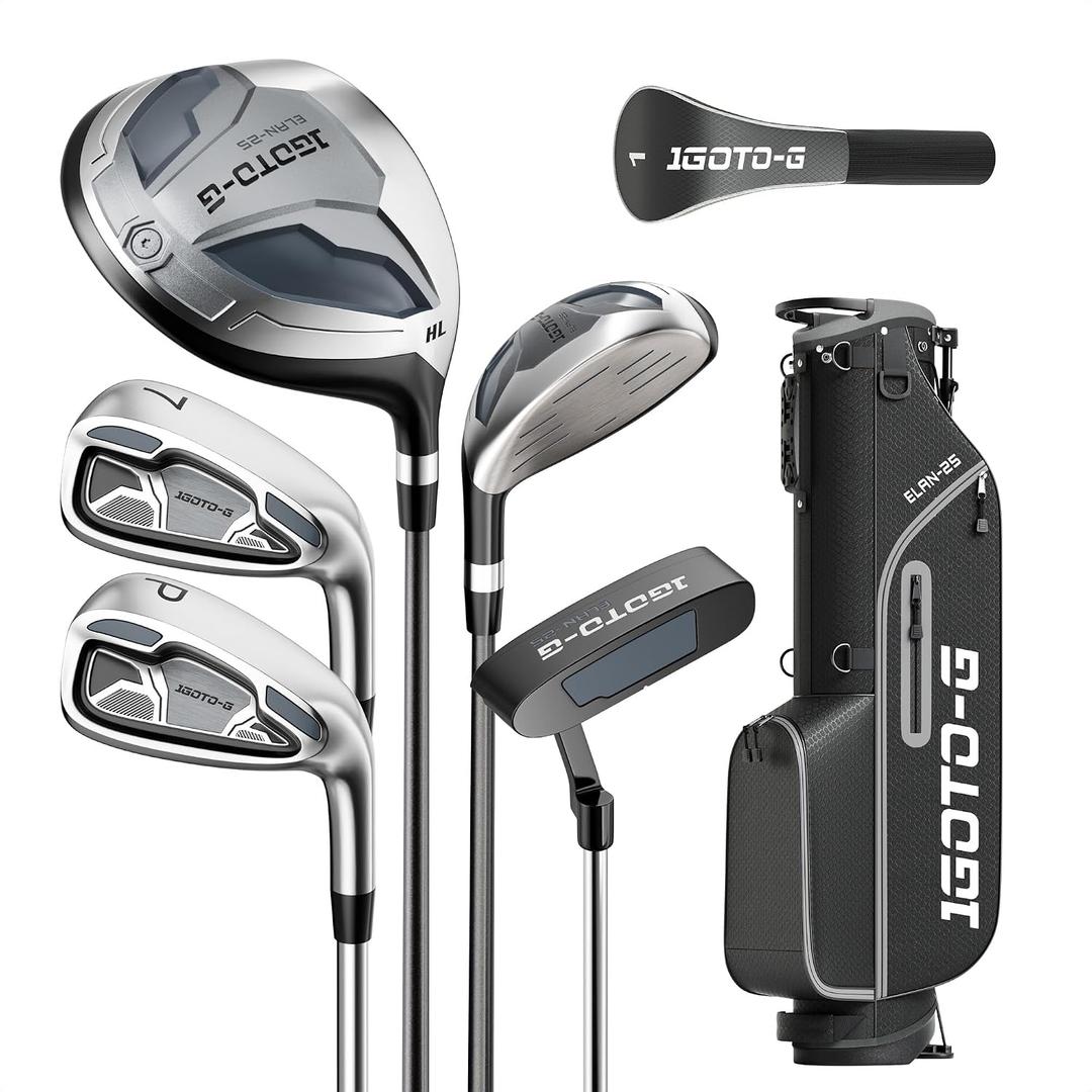1GoTo-G 7 Pieces Golf Clubs Set for Men & Women - Complete Golf Clubs Full Set Includes Stand Bag with Rain Hood, 1# Driver, 5# Hybrid, 7# PW# Irons and Putter, Gray - Men’s, Left