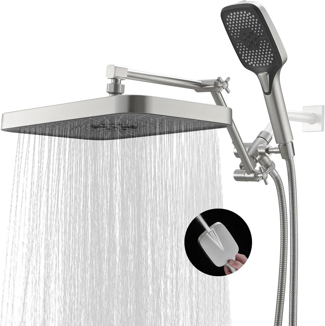 Jcrob High Pressure Wide Rain Shower Head with Handheld Spray Combo, 14 Inch Rainfall Shower Heads with Adjustable Extention Arm, Dual Waterfall Showerhead with 3-Way Diverter(Brushed Nickel)
