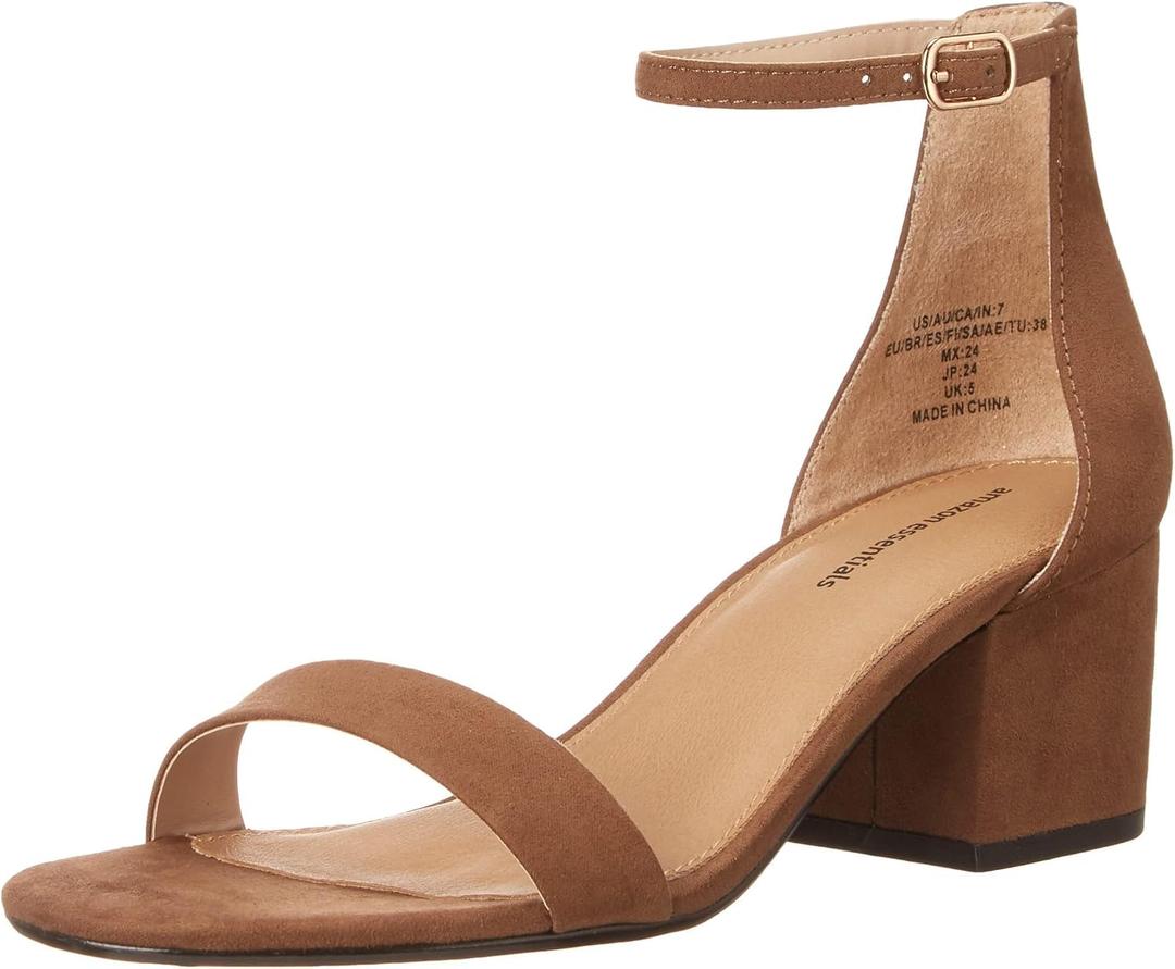 Amazon Essentials Women's Two Strap Heeled Sandals with Adjustable Ankle Strap, Padded Memory Foam Insole, Brown, 8