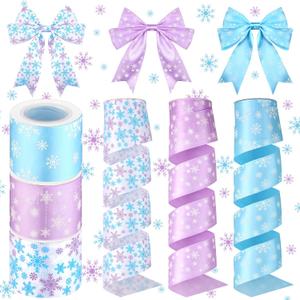 3 Rolls 10 Yards Snowflake Ribbon White Blue and Purple Ribbon with Glitter Xmas Snowflake Decor for Tree Topper Winter DIY Crafts Gift Wrapping Bow Making Accessories (5 cm)