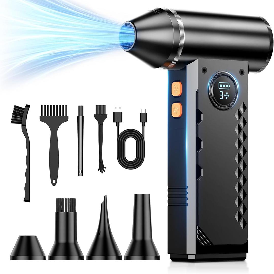 Compressed Air Duster, 150000RPM Electric Air Duster with LED Display & Light, 4 Gear Adjustable Cordless Air Blower, Rechargeable Brushless Motor Turbo Fan for Keyboard, Electronic Devices, Home, Car (Black Orange)