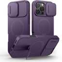 SURITCH for iPhone 16 Pro Max Case with Magnetic Camera Slide Cover and Adjustable Kickstand, Compatible with MagSafe, Shockproof Bumper Case Slim Protective Cover 6.9 Inch, Dark Purple