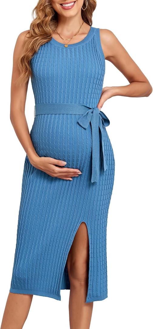 V FOR CITY Maternity Dress for Baby Shower Cable Knit Slit Pregnancy Dresses Casual Sleeveless Bodycon Pregnant Clothes (Medium, Blue)