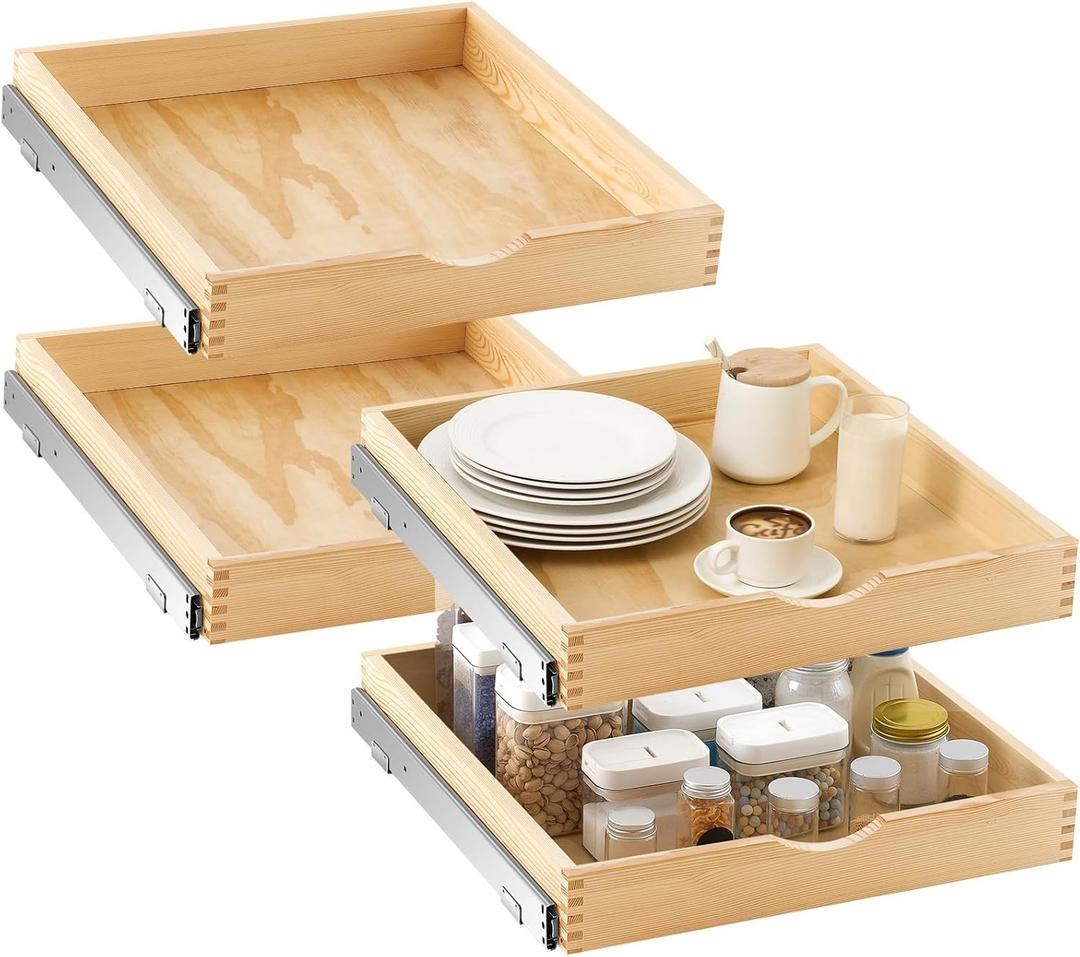 Sintuff 4 Set Wooden Pull out Tray Cabinet Organizer Soft Close Roll out Shelves for Kitchen Cabinets Fully Assembled Slide Pantry Shelves(21'' X 21'')