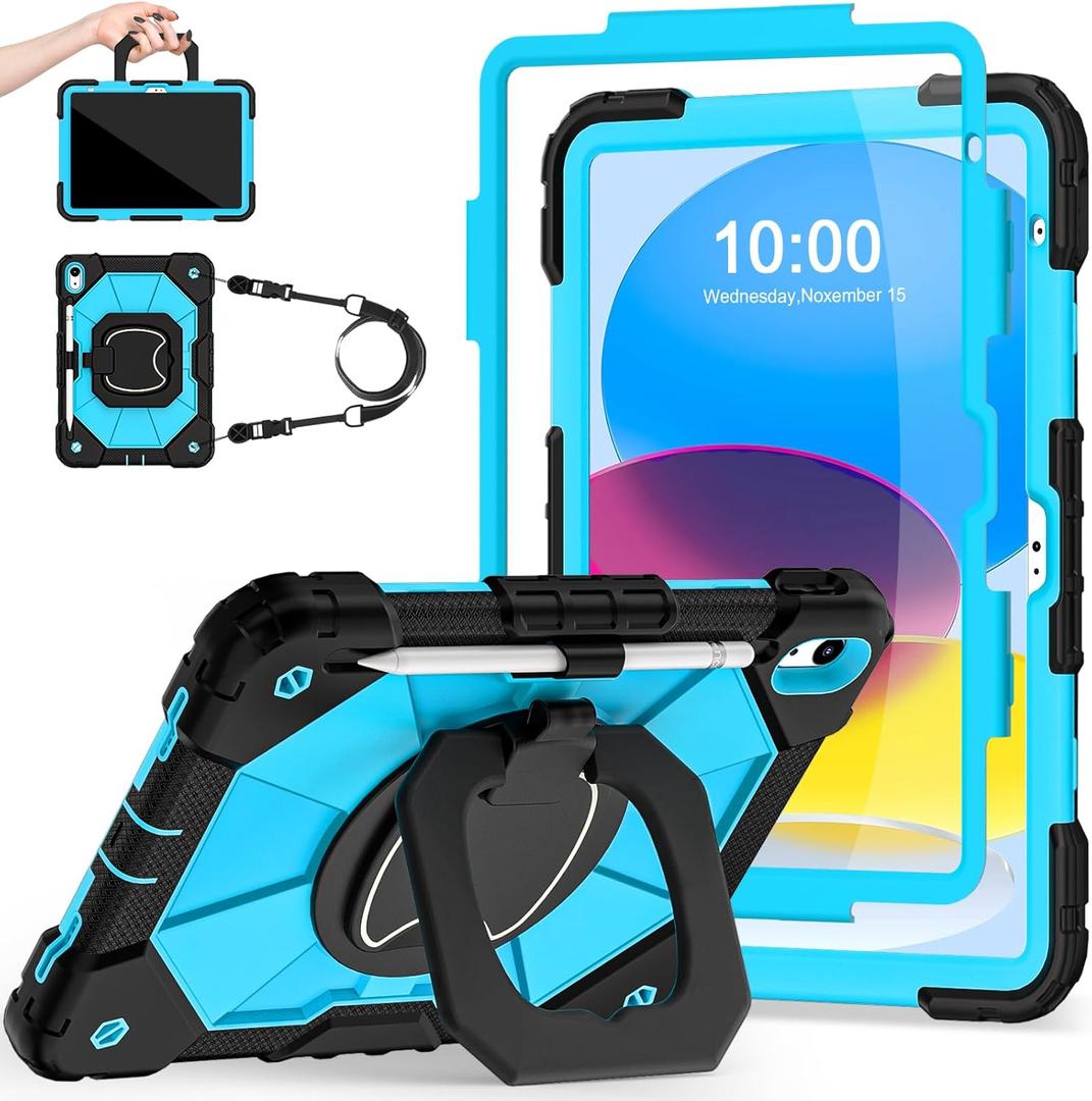 Case for iPad (A16)11th /10th Generation 11/10.9 Inch 2025/2022 with Screen Protector Rotating Stand Shoulder Strap Pencil Holder,Military Grade Shockproof iPad Case 10th Generation,Black Blue