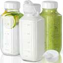Syntic Glass Juice Bottles with Lids, 3 Pack Clear Glass Water Bottles w 2 Pour Spouts, 16 Oz Reusable Milk Jug w 100% Airtight Cap and Scale for Juicing Containers, Breast Milk Storage, Drinking Jar