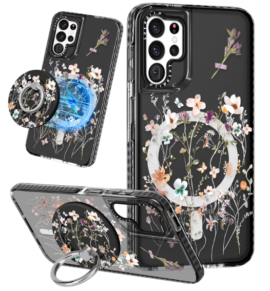 Lotadilo Cute Case for Samsung Galaxy S21 Ultra for Women Girls  Funny Design Compatible with Magsafe Magnetic Ring Holder Kickstand Art Dried Flower Fashion Pattern TPU Phone Covers