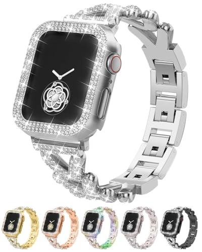 Rhinestones Encrusted Metal Bracelet and Case, Compatible with Apple Watch Bands 38mm-49mm (Series 11/10/1/SE/Ultra 2)- Bling Gold Women's Jewelry Strap, Luxury iWatch Bracelet with Screen Protector