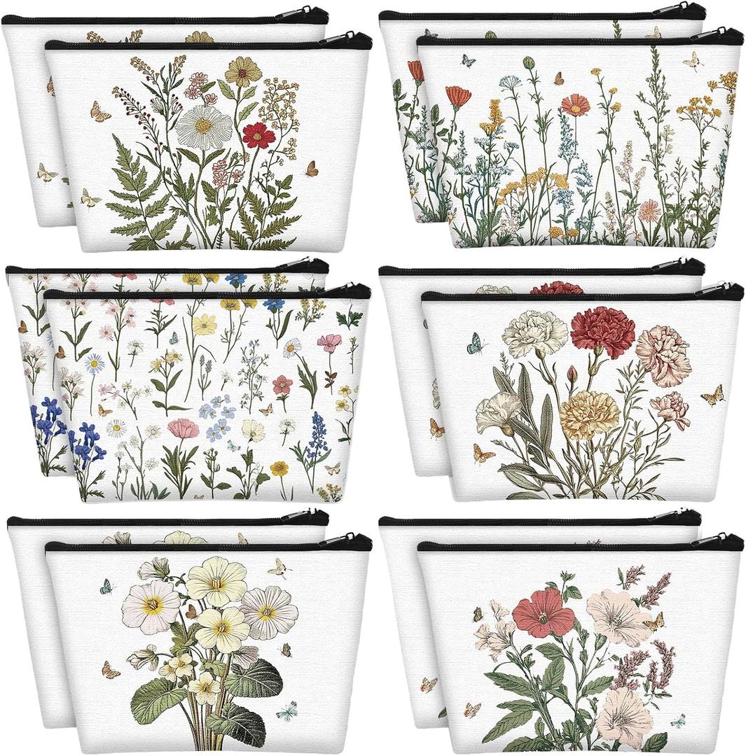 Sweetude 12 Pcs Spring Flowers Makeup Bag Bulk Portable Travel Cosmetic Bags with Zipper Wildflower Floral Waterproof Roomy Travel Beauty Toiletry Organizer Storage Pouch for Women Spring Gifts