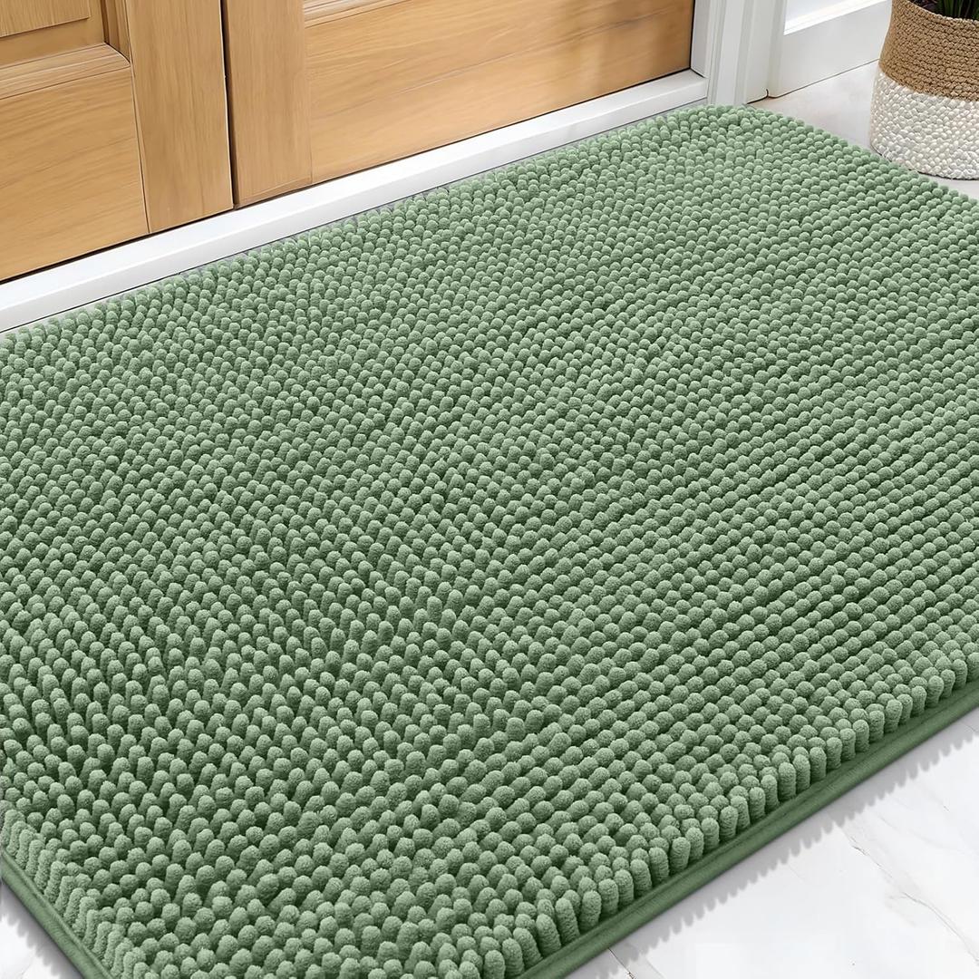OLANLY Dog Door Mat for Muddy Paws 30x20, Absorbs Moisture and Dirt, Absorbent Non-Slip Washable Doormat, Quick Dry Chenille Mud Mat, Entry Indoor Entryway Carpet for Inside Floor, Olive Green
