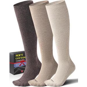 3 Pairs Cotton Compression Socks for Women Men 20-30 mmHg - Knee High Support Socks with Thick Sole and Seamless Toe XL