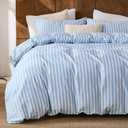 Merryword Blue and White Striped Duvet Cover Set King Size, 100% Cotton Linen Like Textured Bedding with Classic Vertical Stripes, Soft Lightweight Reversible Comforter Cover for All Seasons