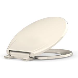 Round Toilet Seat, 17 Inch Almond Quiet Close PP Plastic Toilet Cover, Easy Clean Stain Resistant Bathroom Seat with Secure Hinges for Standard Round Toilets