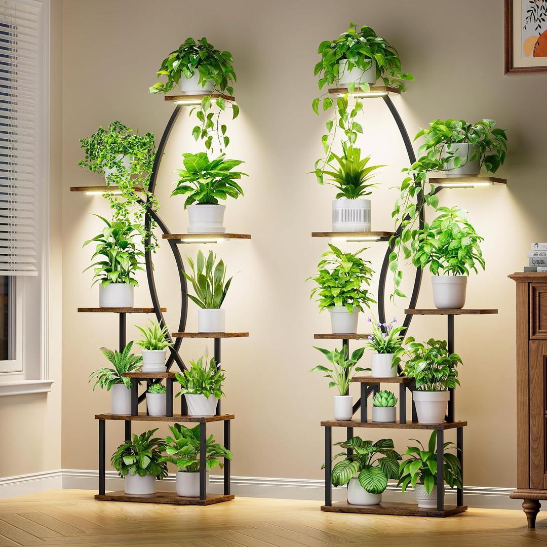 Plant Stand Indoor with Grow Lights - 8 Tiered Tall Plant Shelf, 65" Metal Corner Shelf for Indoor Plants Multiple, Large Curved Half-Moon Flower Holder Stand Display Rack for Patio, Home, 2 Pack