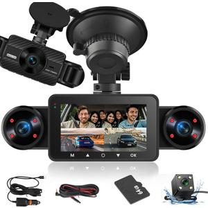 NHOPEEW Dash Cam Front and Rear Inside, 4 Channel Dash Cam 3" IPS Screen Front and Back with 8 IR Night Vision Lights, Loop Recording, 24 Hours Recording, G-Sensor, Reverse Help + 64G Memory Card