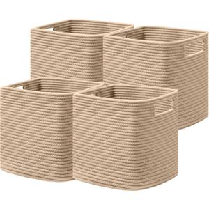 UBBCARE Set of 4 Storage Basket-12 X 12 X 12 in, Cotton Rope Basket for Shelves, Toys, Book, Cube Storage Bins with Handles, Woven Storage Basket for Organizing, Brown