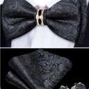 YOHOWA Mens Bow Tie Set Paisley Pre-tied Bowties Adjustable with Handkerchief Cufflinks Gold Ring Set Wedding Prom Party