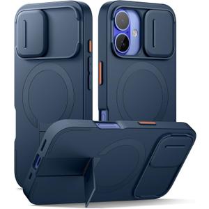 SURITCH for iPhone 16 Case with Magnetic Camera Slide Cover and Adjustable Kickstand, Compatible with MagSafe, Shockproof Bumper Case Slim Protective Cover 6.1 Inch, Blue