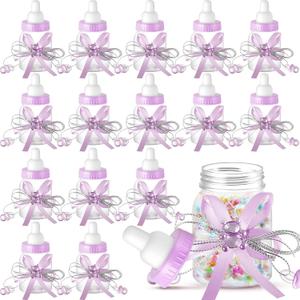 Nuenen 48 Pcs Baby Shower Bottles Mini Milk Bottle Plastic Bear Candy Bottles with Ribbon Baby Shower Wedding Gift for Guest(Purple)