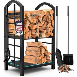 AMAGABELI GARDEN & HOME Firewood Rack Indoor with Tools 5-Piece Fireplace Tools Set Wood Holder Outdoor Wrought Iron Log Holder Firewood Storage Rack for Fireplace,Fire Pit,Wood Stove Black