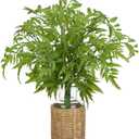 Faux Greenery Stems in Vase Aritificial Fern Plant in Glass Vase with Faux Water & Woven Cover Small Fake Desk Plants Greenery Centerpieces for Farmhouse Kitchen Dinner Tables Shelves Plants Decor