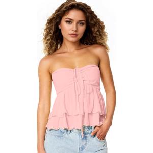 Womens Tiered Ruffled Tube Top Sweetheart Neck Drawstring Ruched Front Tube Tops Smocked Back Halter Babydoll Tops Pink (Pink)