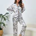 WDIRARA Women's Satin 2 Piece Pajama Sets Long Sleeve Pants Button Down Sleepwear (S)