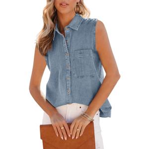 POTILI Women's Denim Shirt, Button Down Short Sleeve Jean Shirts Casual Top Outfits Trendy, Size 2XL