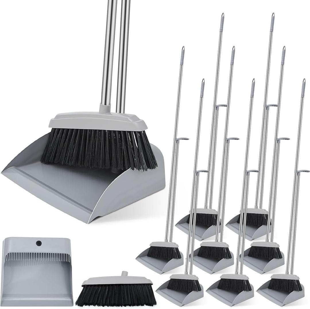 Tioncy 8 Set 16 Pcs Broom and Dustpan Set 53 Inch Broom with Dustpan Combo with Long Handle Upright Stand up for Office Home Kitchen Lobby Floor Cleaning