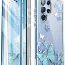 i-Blason Samsung Galaxy S22 Ultra 5G Case (2022) Case with Built in Screen Protector, Cosmo Series Glitter Pattern Slim Full Body Protection 360 Shockproof Blue Butterfly