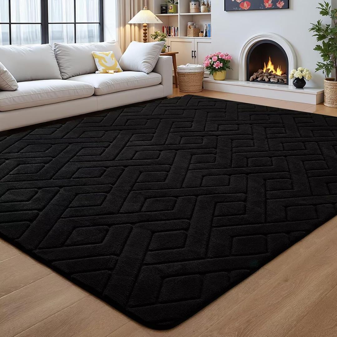 5x7 Black Washable Area Rug for Bedroom Living Room, Modern Geometric Shag Non-Slip Rugs, Fluffy Plush Soft Memory Foam Carpet for Kids Boys Room Nursery