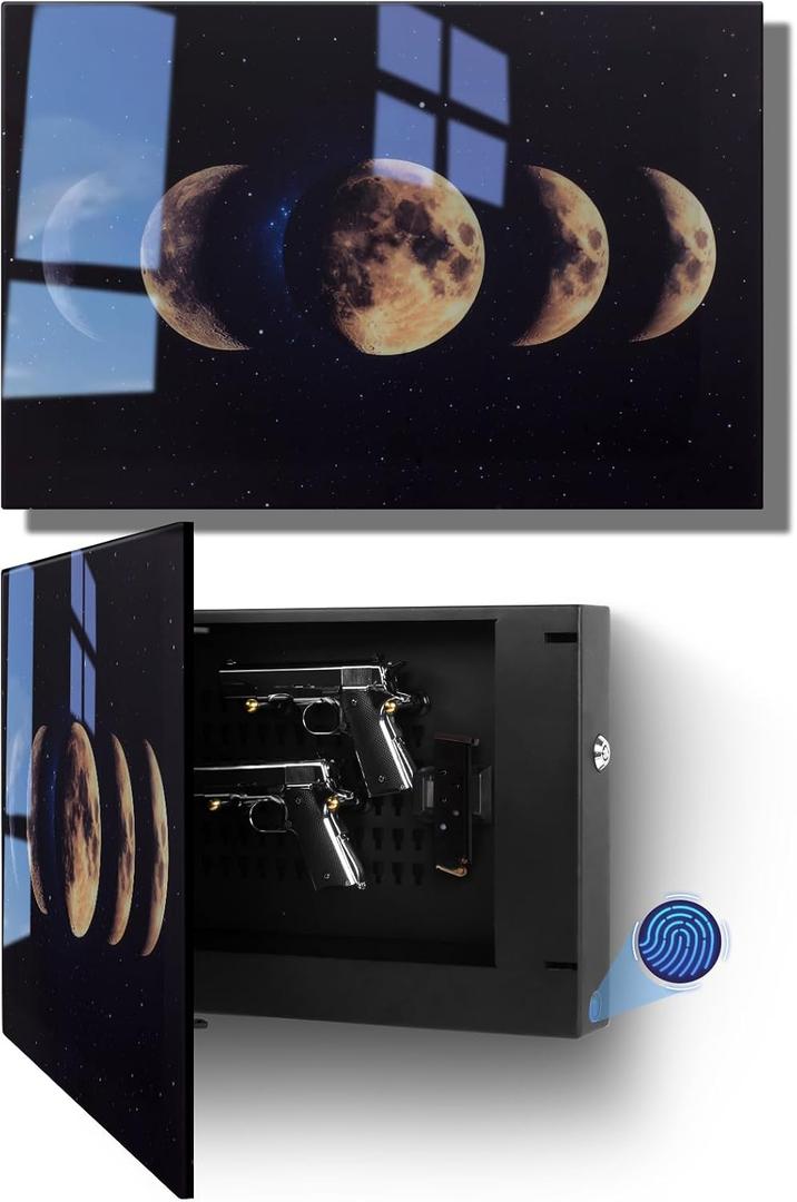 Biometric Hidden Gun Safe Fits 2 Pistols,Quick Access Hidden Gun Storage with Movable Bracket and Magazine,Wall Gun Safe for Secure Firearm Storage with Fingerprint, Key Access(Moon,18.8inch)