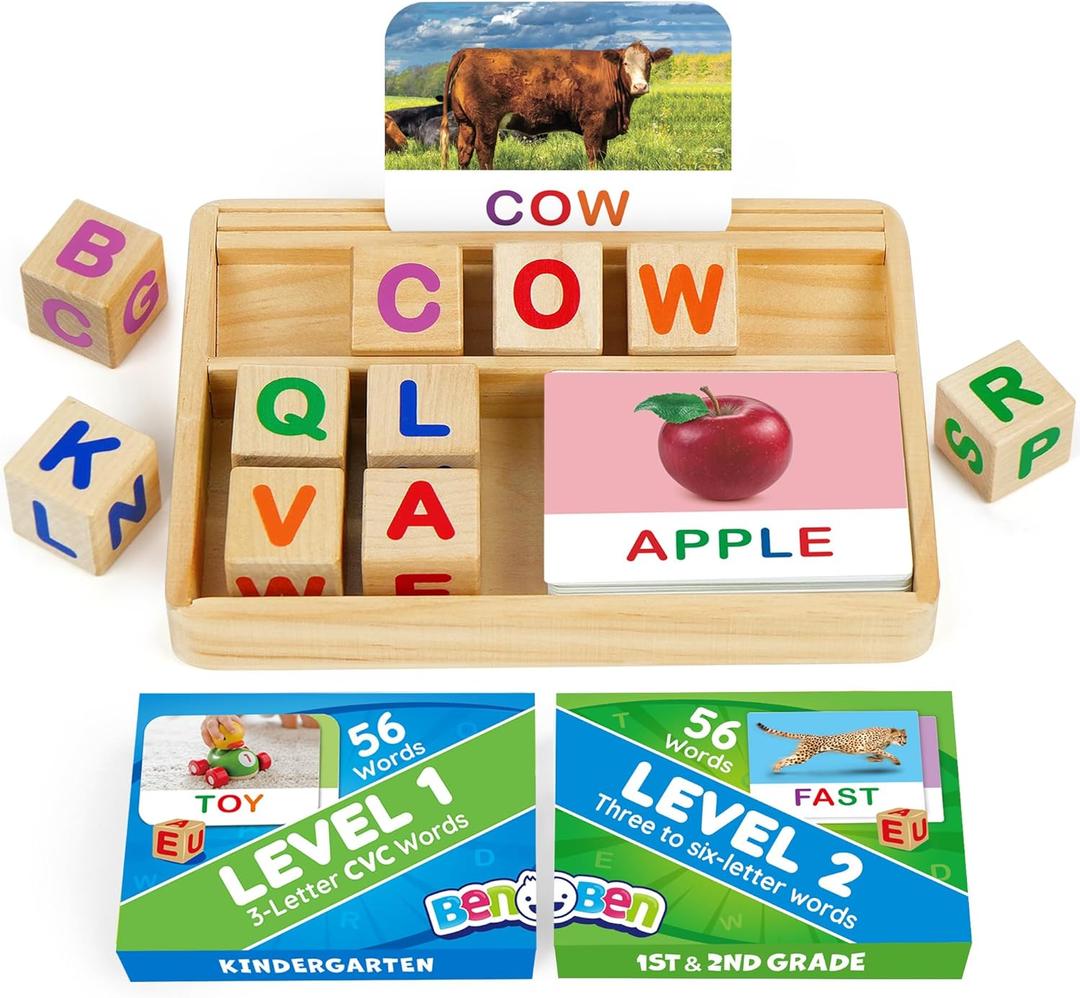 BenBen Spelling Games with Flash Cards, 112 Words, Montessori Toys for 3 4 5 6 Years Old Kids, Wooden Matching Letters Games, CVC Word Educational Learning Toys, Gift for Preschool Kindergarten