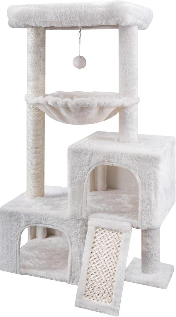 AIWIKIDE 37.4" Cat Tree Tower with Twin Cat Condos for Indoor Cats, All-in-One Activity Center with Cat Scratching Post Cozy Sleeping Perch Hammock and Toy Balls,Beige
