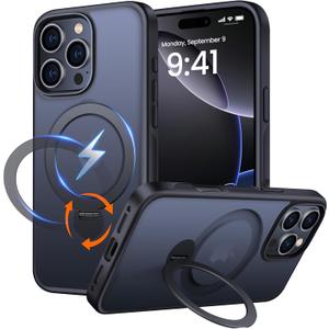 360° Rotatable Magnetic Stand for iPhone 16 pro Case Compatible with Magnetic 16FT Military Drop Protection, Anti-Scratch/Fingerprint Shockproof iPhone 16 pro Phone Case(Matte-Black)