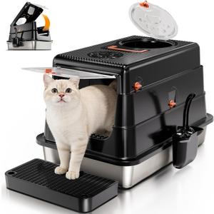 Stainless Steel Cat Litter Box with Lid, Enclosed Extra Large Metal Litter Pan for Big Cats, Full Flip Cover High Sided LitterBox Include Scoop, Easy Cleaning, Non-Stick, Black