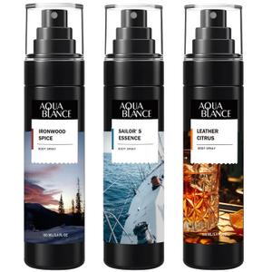Body Spray for Men, Mens Body Refreshing Spray, Long Lasting, Pack of 3, Each 3.4 Fl Oz, Total 10.2 Fl Oz, Ironwood Spice, Sailor' s Essence, Leather Citrus