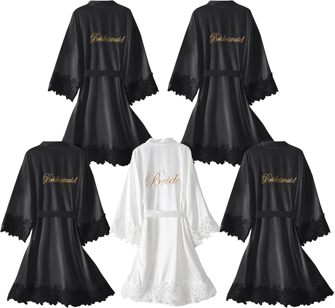 5 Pcs Bridesmaid Kimono Robe Sets Bride Silky Wedding Day Bathrobe with Lace Trim Embroidered Getting Ready (One Size, Black, White)