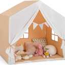 Large Kids Tent with Mat, Children's Play Tent w/Flag Banner, Windows, Gauze Curtain, Solid Wood Frame, Indoor Outdoor Kids Playhouse for Boys & Girls Age 3 + (Orange)