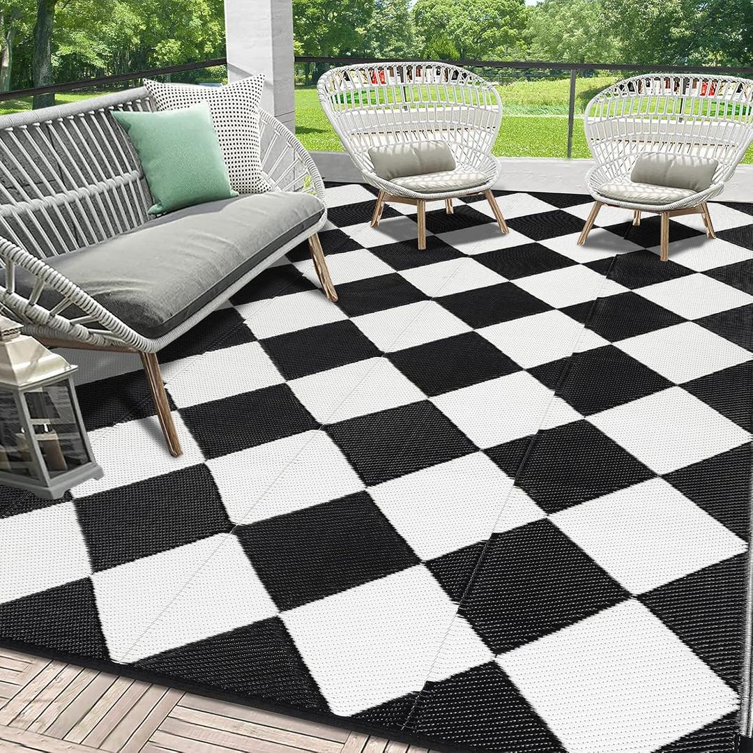 HEBE Outdoor Rug Waterproof 9x12, Reversible Plastic Straw Rug RV Camping Rug, Indoor Outdoor Patio Mat Clearance, Outside Carpet for Porch,Deck,Camper,Balcony,Backyard,Picnic (White/Black)