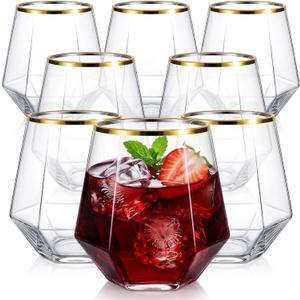 Lueumxc Diamond Plastic Wine Glasses,40 Pack Unbreakable Whiskey Cocktail Wine Champagne Glasses,12 Ounce Durable Disposable Cups Gold Rim for Parties, Weddings, Birthdays (40pack 12oz D6 Gold)