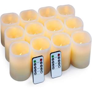Hausware Flameless Candles Battery Operated Candles Set of 12 (D: 3" x H: 4") Real Wax Pillar Flickering Candles LED Flameless Candles with Remote and Timer Control (Ivory Color)