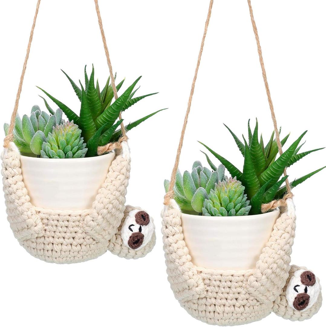 2 Pieces Crochet Sloth Hanging Planter Handmade Sloth Plants Holder Plant Hanger for Indoor Outdoor Hanging Planter Supplies, Flower Pot and Plant Not Included