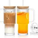 SoulTimes 24oz Ribbed Glass Tumbler with Handle and Bamboo Lid, Set of 2 Glass Cups with Lids and Straws for Coffee, Tea, Juice and Smoothies, Reusable Iced Coffee Cups Includes 2 Sealed Plastic Lids