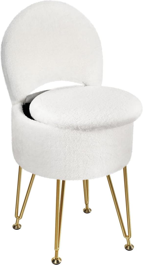 GREENSTELL Vanity Stool Chair with Storage and Folding Back, 15.7" x 15.7" x 19.5" Faux Fur Soft Ottoman for Adults, 4 Metal Legs with Anti-Slip Feet, Furry Padded Seat for Makeup, Bedroom, White