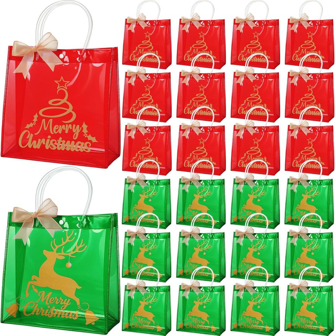 SilTriangle 24 Pcs Clear Christmas Gift Bags Bulk Christmas Red Green Reusable PVC Candy Goodie Treat Bags with Handles Bows for Xmas Winter Holiday Party Favor Supplies, 7.8 x 7.8 x 3.15 Inch