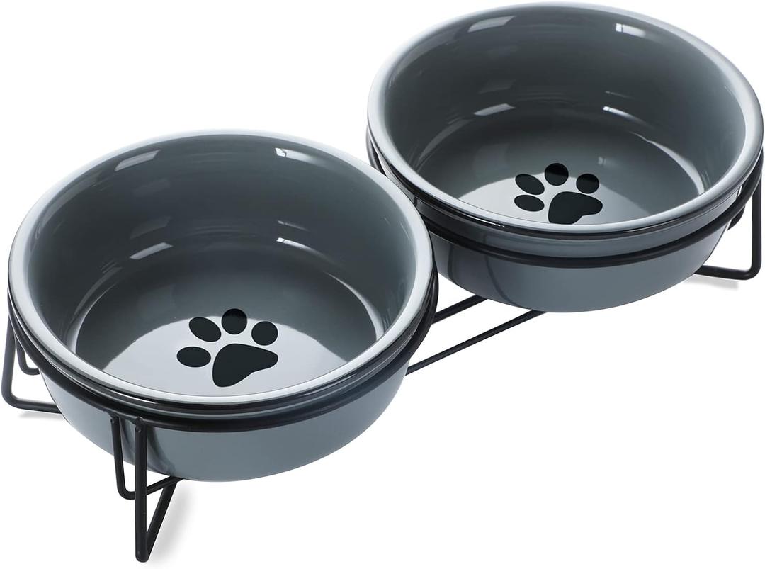 GDCZ Ceramics Raised Cat Bowls with Heighten Metal Stand,15 Ounces (Grey)